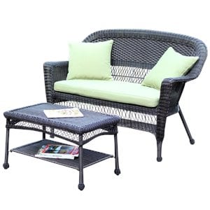 Afuera Living Patio Espresso Love Seat & Coffee Table Set with Green Cushion