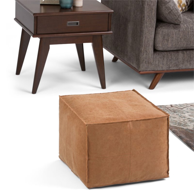 Afuera Living Boho Square Pouf in Distressed Brown Faux Leather