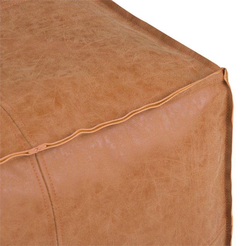 Afuera Living Boho Square Pouf in Distressed Brown Faux Leather