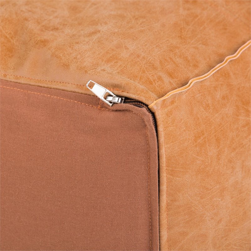 Afuera Living Boho Square Pouf in Distressed Brown Faux Leather
