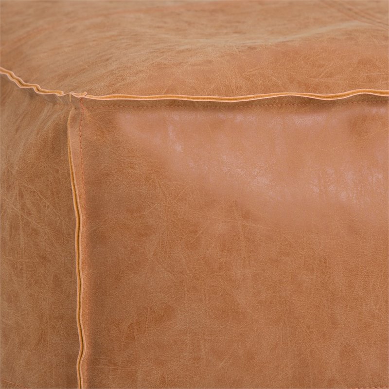 Afuera Living Boho Square Pouf in Distressed Brown Faux Leather