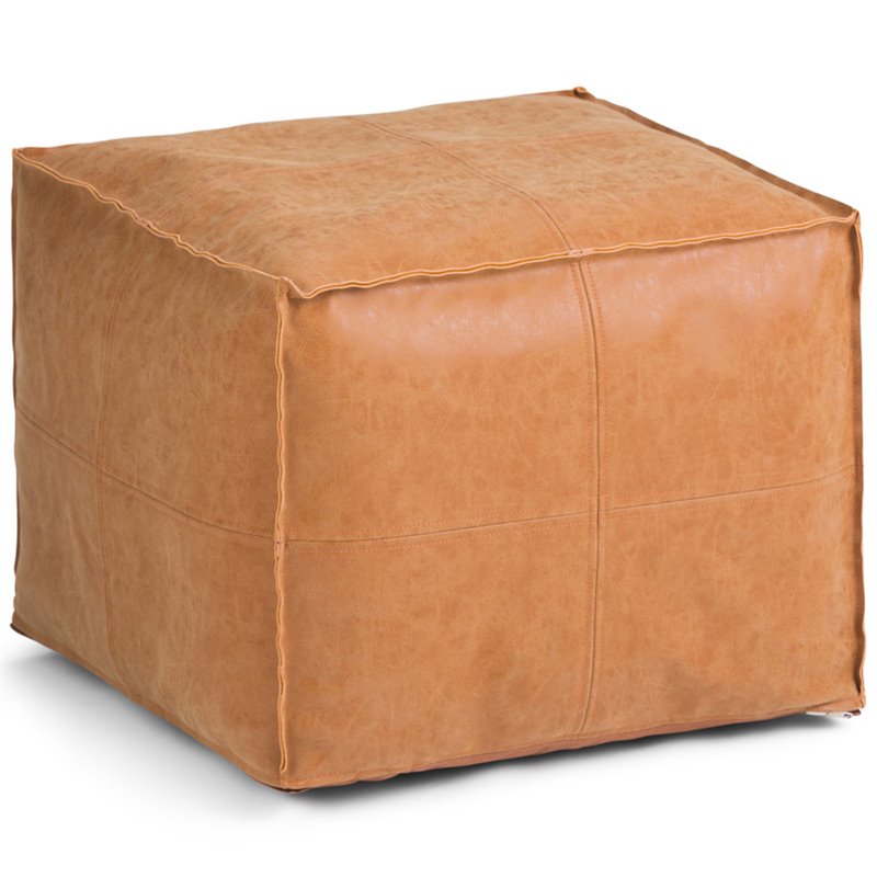 Afuera Living Boho Square Pouf in Distressed Brown Faux Leather