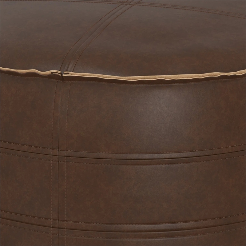 Afuera Living Boho Round Pouf in Distressed Dark Brown Faux Leather