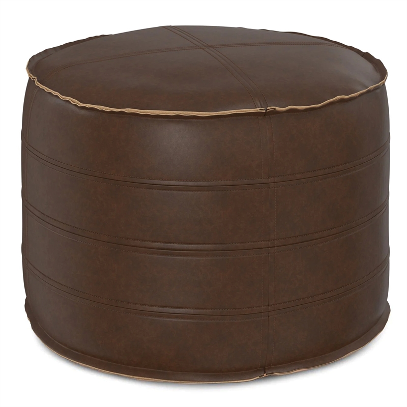 Afuera Living Boho Round Pouf in Distressed Dark Brown Faux Leather