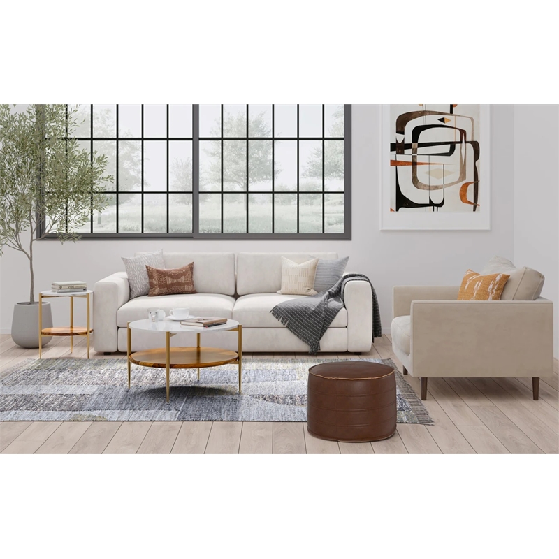 Afuera Living Boho Round Pouf in Distressed Dark Brown Faux Leather