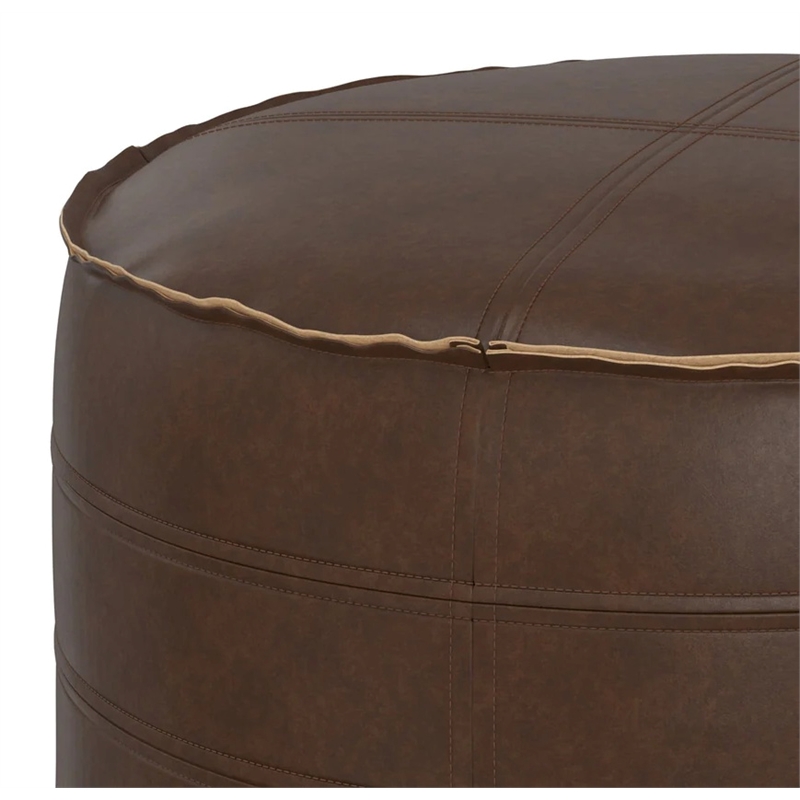 Afuera Living Boho Round Pouf in Distressed Dark Brown Faux Leather