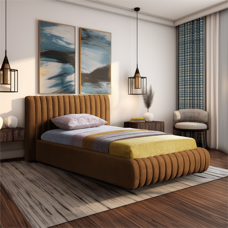 Afuera Living Contemporary Deep Channel Tufted Rich Saddle Velvet Twin Bed