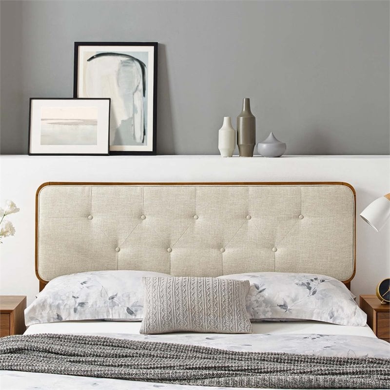 Afuera Living Tufted King Fabric and Wood Headboard in Walnut/Beige