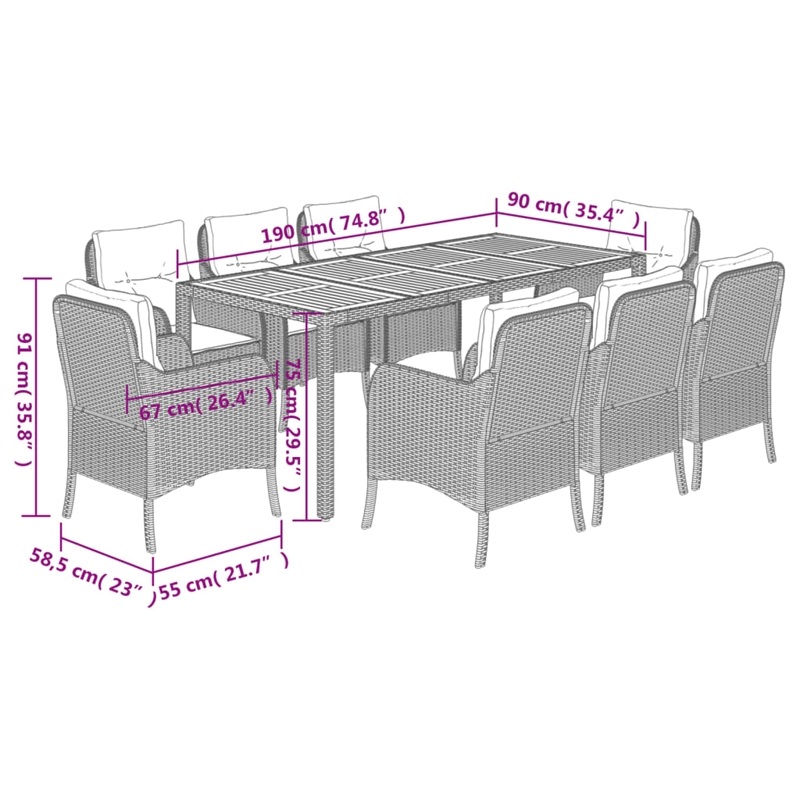 Afuera Living Contemporary 9 Piece Poly Rattan Garden Dining Set in Gray