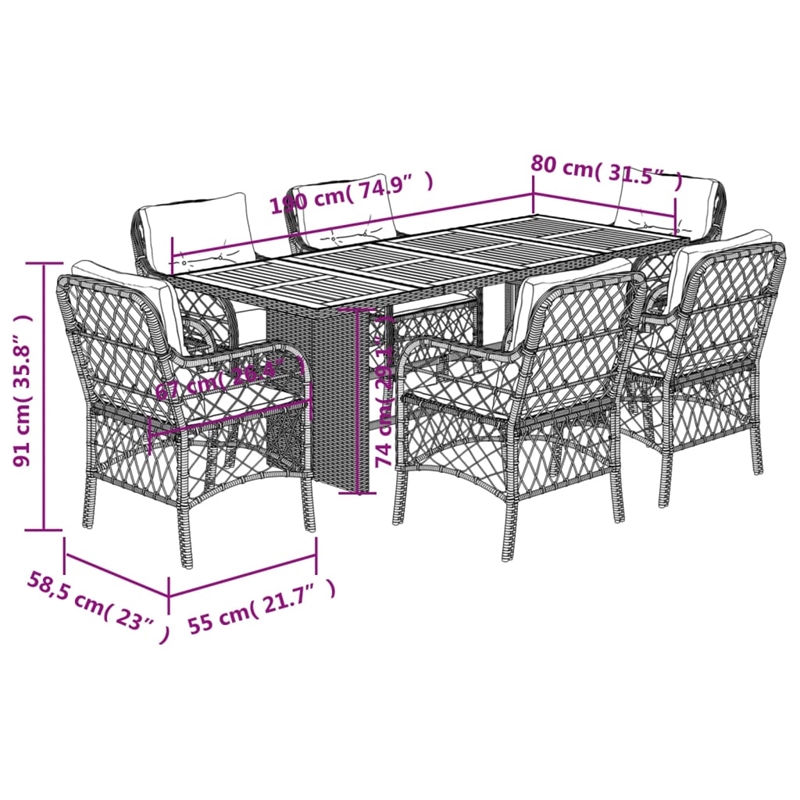 Afuera Living Contemporary 7 Piece Poly Rattan Garden Dining Set in Gray