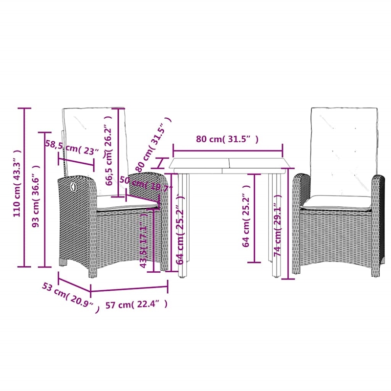 Afuera Living Contemporary 3 Piece Poly Rattan Garden Dining Set in Gray