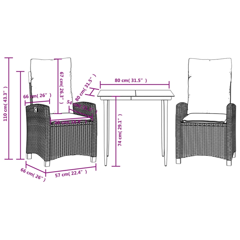 Afuera Living 3 Piece Poly Rattan Garden Dining Set in Black