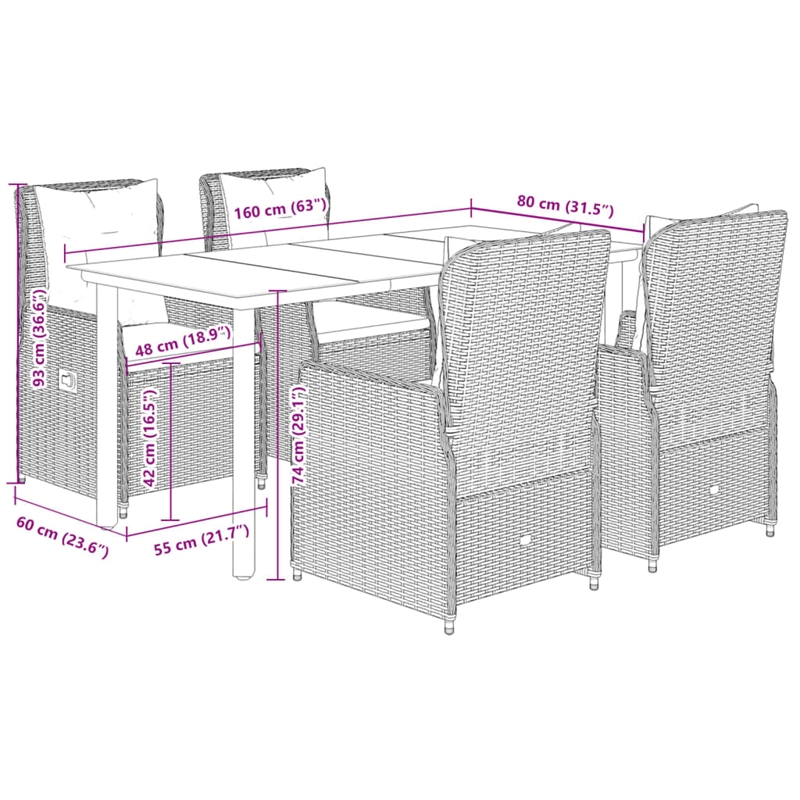 Afuera Living Contemporary 5 Piece Poly Rattan Garden Dining Set in Gray