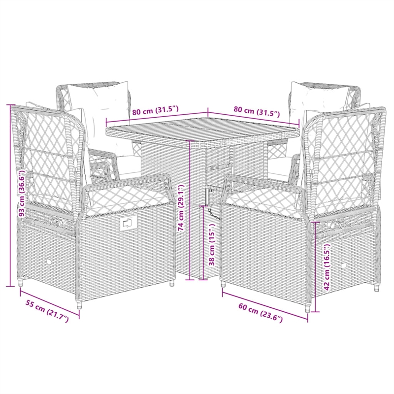 Afuera Living Contemporary 5 Piece Poly Rattan Patio Dining Set in Brown