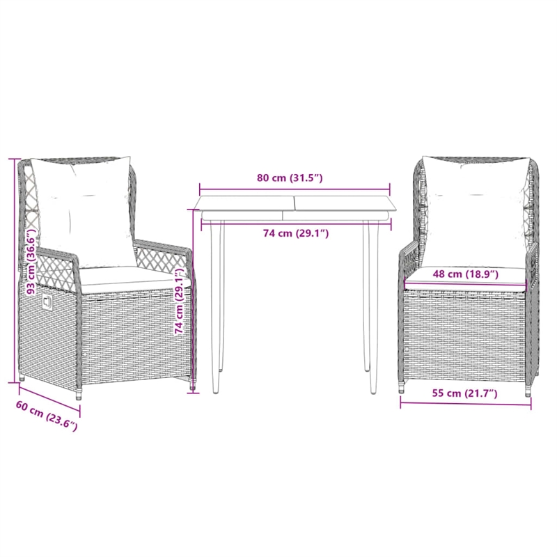 Afuera Living 3 Piece Poly Rattan Garden Dining Set in Black