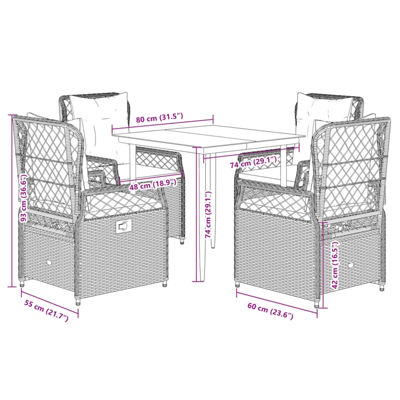 Afuera Living Contemporary 5 Piece Poly Rattan Patio Dining Set in Brown