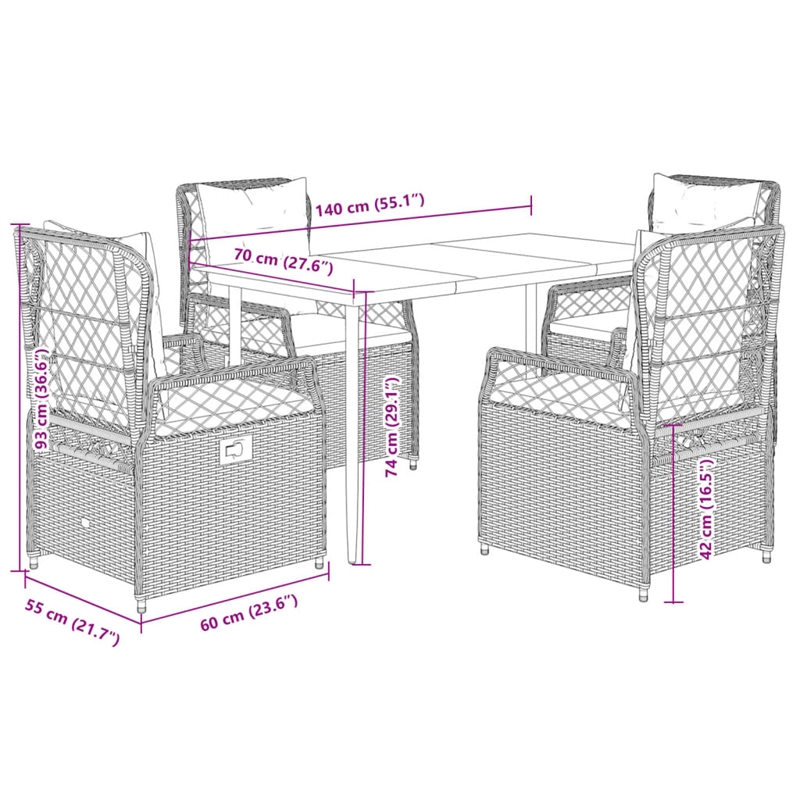 Afuera Living Contemporary 5 Piece Poly Rattan Garden Dining Set in Gray