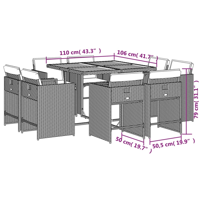 Afuera Living Contemporary 9 Piece Poly Rattan Patio Dining Set in Gray