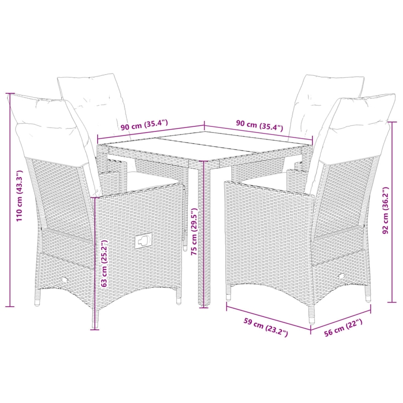 Afuera Living Contemporary 5 Piece Poly Rattan Garden Dining Set in Gray