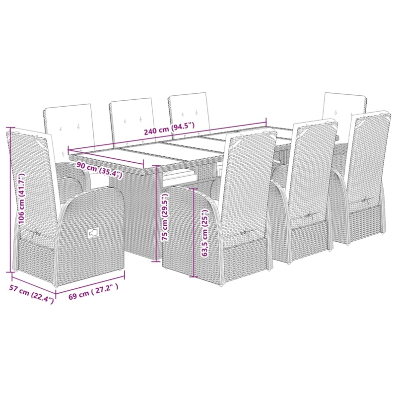 Afuera Living Contemporary 9 Piece Poly Rattan Garden Dining Set in Gray
