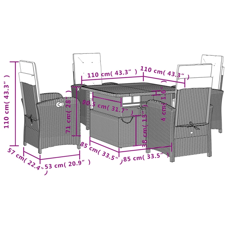 Afuera Living Contemporary 5 Piece Poly Rattan Garden Dining Set in Gray