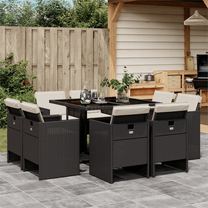 Afuera Living 9 Piece Poly Rattan Patio Dining Set in Black/Cream White