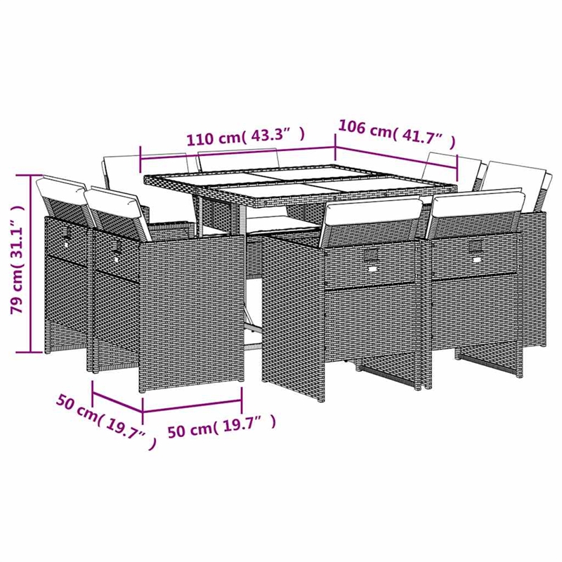 Afuera Living 9 Piece Poly Rattan Foldable Patio Dining Set in Gray