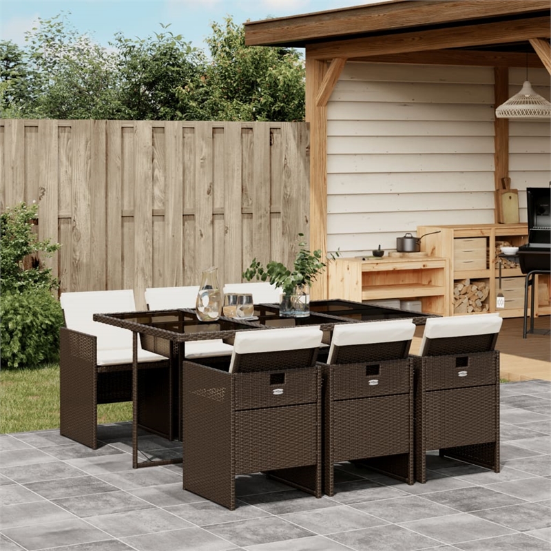 Afuera Living 7 Piece Poly Rattan Patio Dining Set in Brown/Cream white