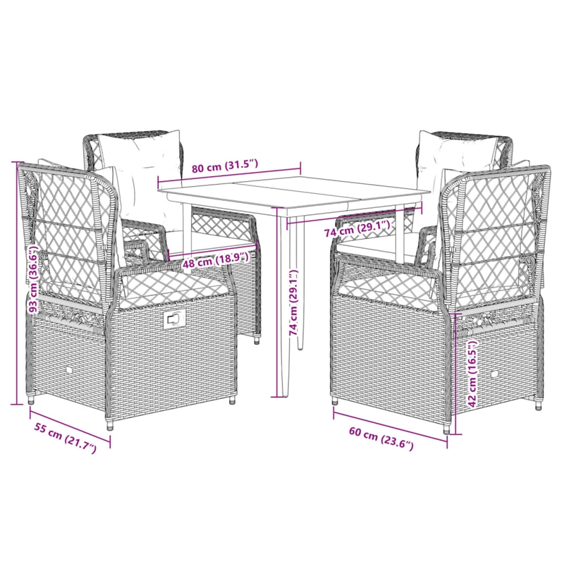 Afuera Living Contemporary 5 Piece Poly Rattan Garden Dining Set in Gray