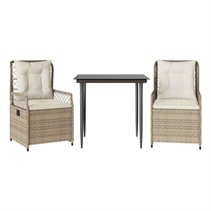 Afuera Living 3 Piece Rattan Patio Dining Set in Black/Cream White