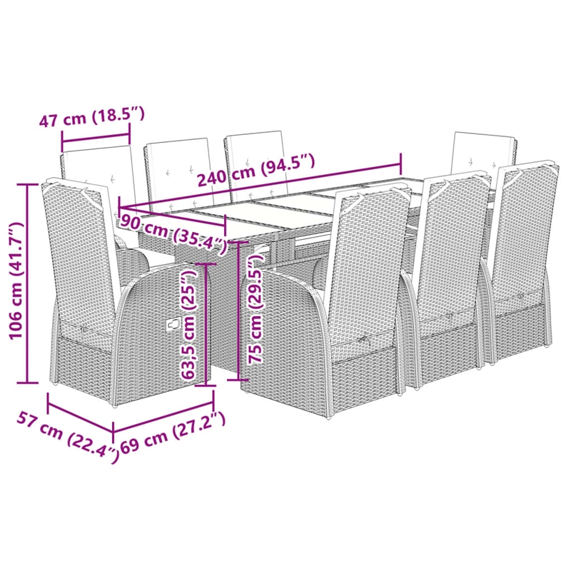 Afuera Living Contemporary 9 Piece Poly Rattan Garden Dining Set in Gray
