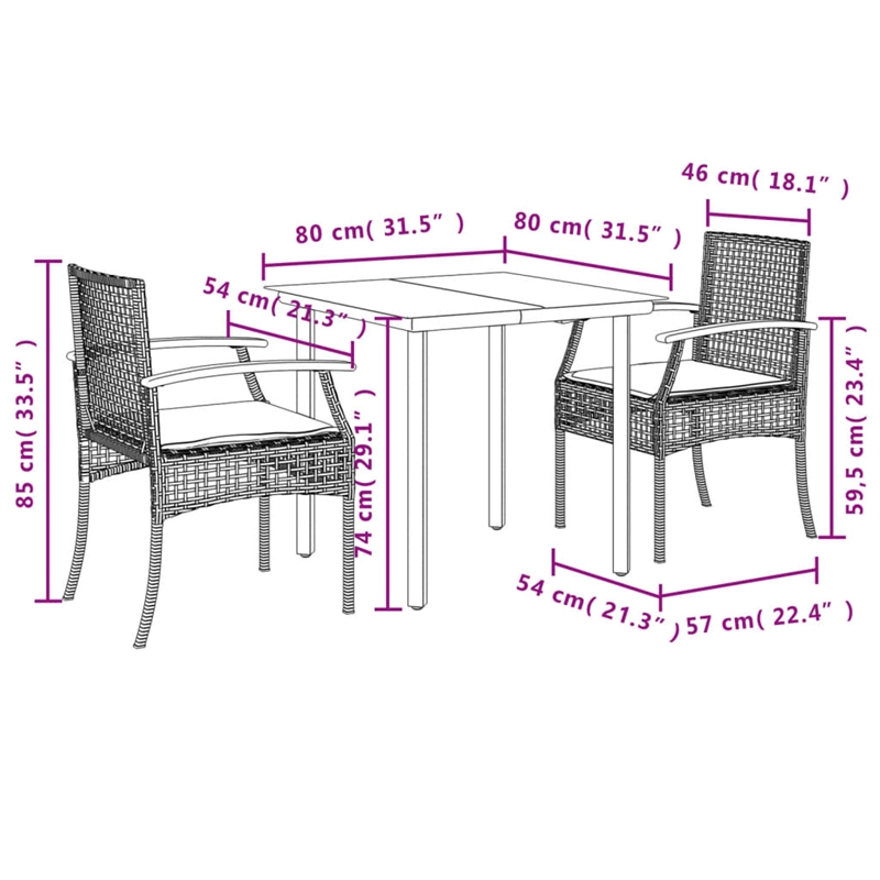 Afuera Living 3 Piece Poly Rattan Garden Dining Set in Black