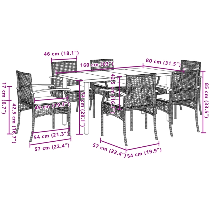 Afuera Living Contemporary 7 Piece Poly Rattan Garden Dining Set in Gray