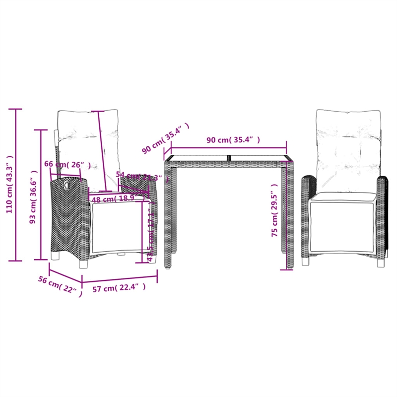 Afuera Living Contemporary 3 Piece Poly Rattan Garden Dining Set in Gray