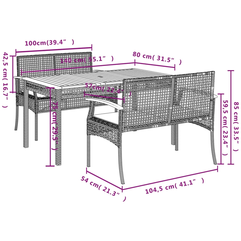 Afuera Living Contemporary 3 Piece Poly Rattan Patio Dining Set in Gray