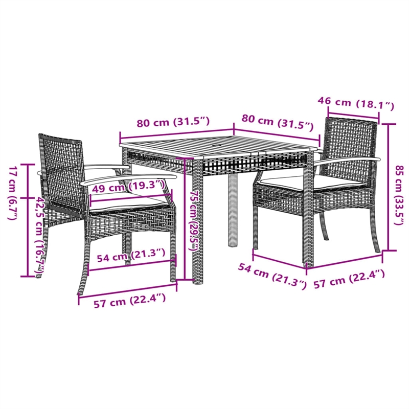 Afuera Living Contemporary 3 Piece Poly Rattan Patio Dining Set in Gray