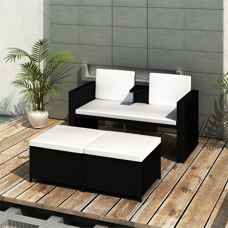 Afuera Living Contemporary Synthetic Poly Rattan Lounge Set in Black/Cream