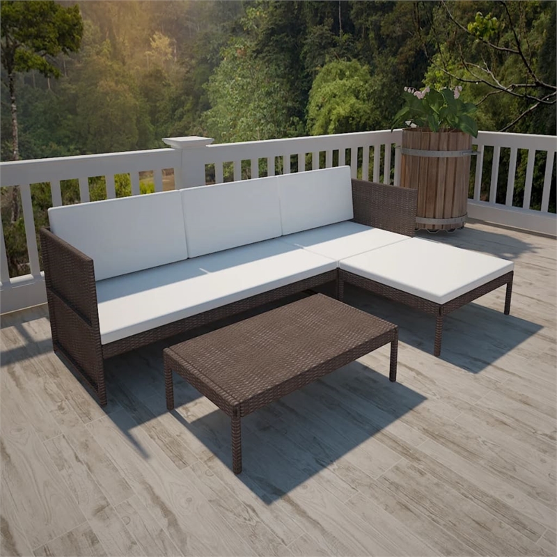 Afuera Living Contemporary 3 Piece Poly Rattan Sofa in Brown/Cream