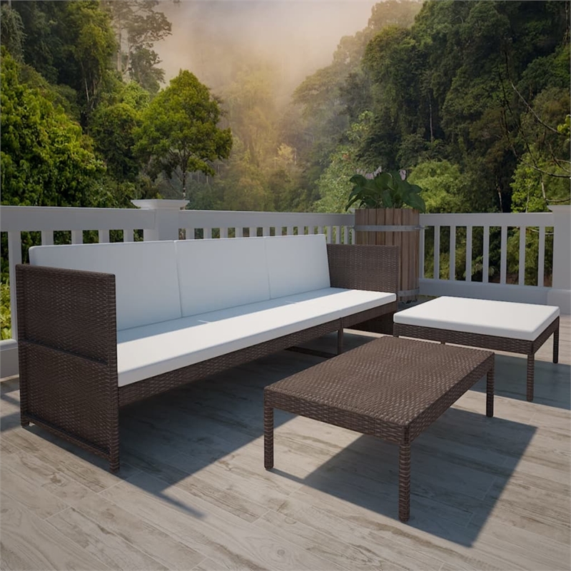 Afuera Living Contemporary 3 Piece Poly Rattan Sofa in Brown/Cream