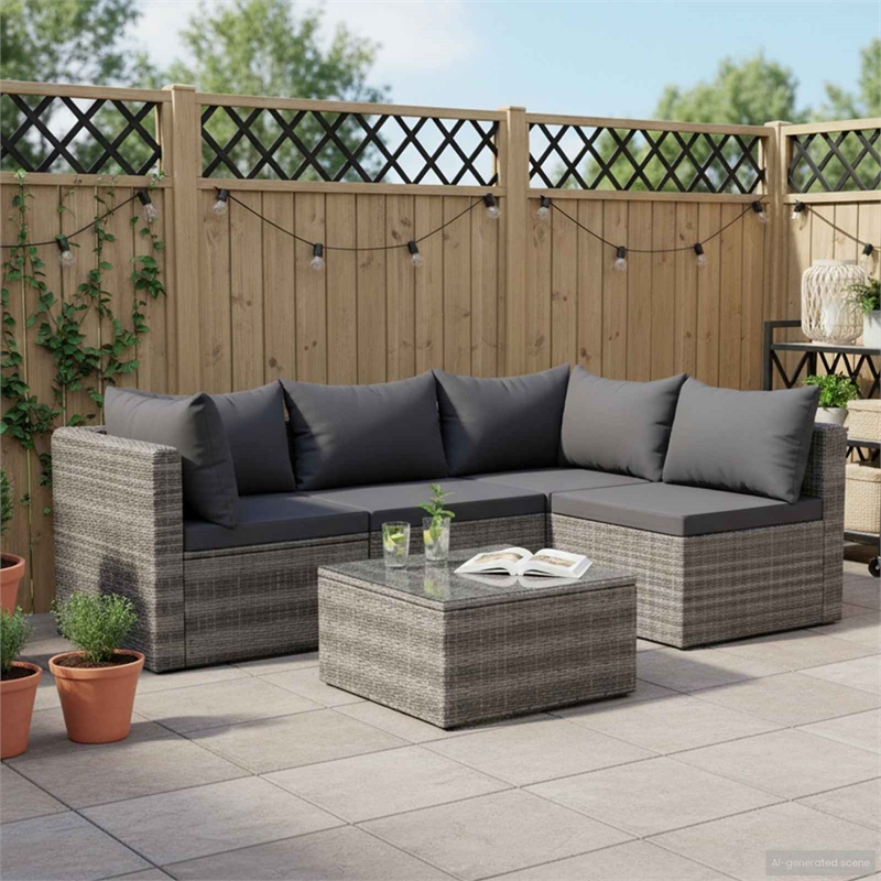Afuera Living Contemporary 5 Piece Poly Rattan Sofa Set in Gray
