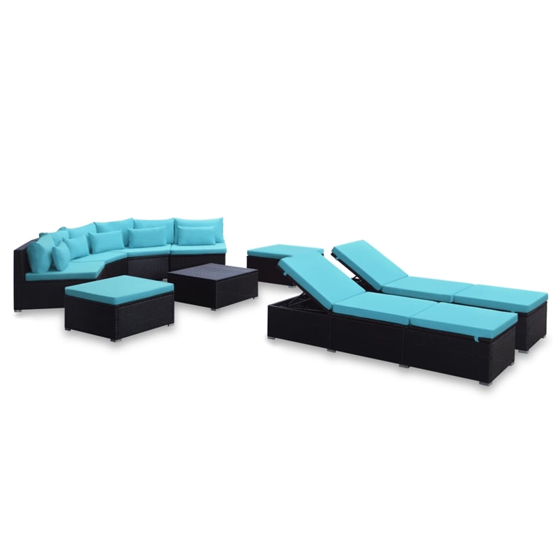 Afuera Living Contemporary 9 Piece Poly Rattan Lounge Set in Black/Blue