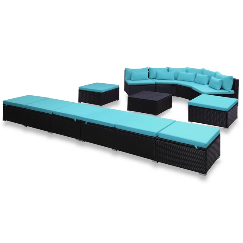 Afuera Living Contemporary 9 Piece Poly Rattan Lounge Set in Black/Blue