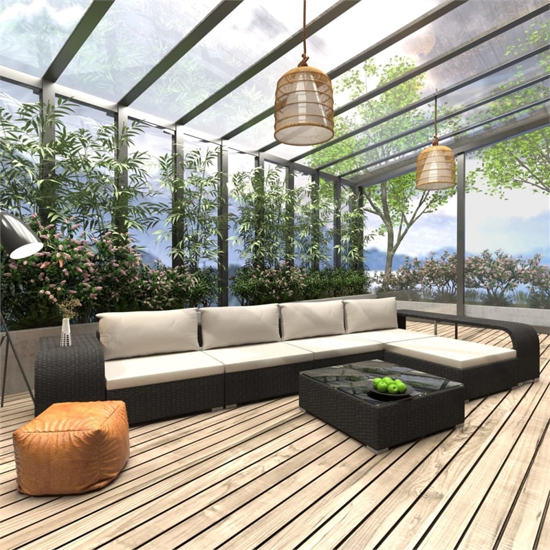Afuera Living Contemporary 8 Piece Poly Rattan Sofa Black/Cream