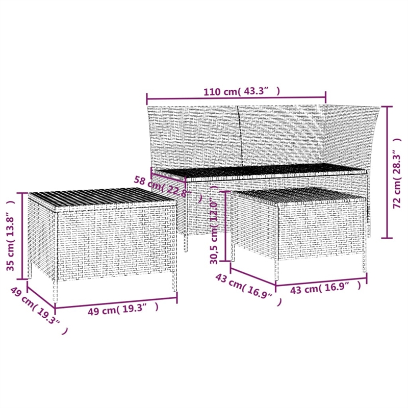 Afuera Living Contemporary 3 Piece Poly Rattan Garden Lounge Set in Gray