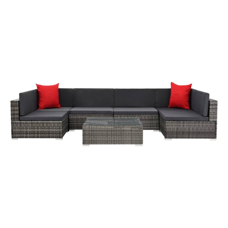 Afuera Living Contemporary Synthetic Poly Rattan 7 Piece Sofa Set in Gray/Red