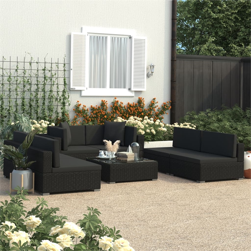 Afuera Living Contemporary 7 Piece Poly Rattan Patio Sofa Set in Black