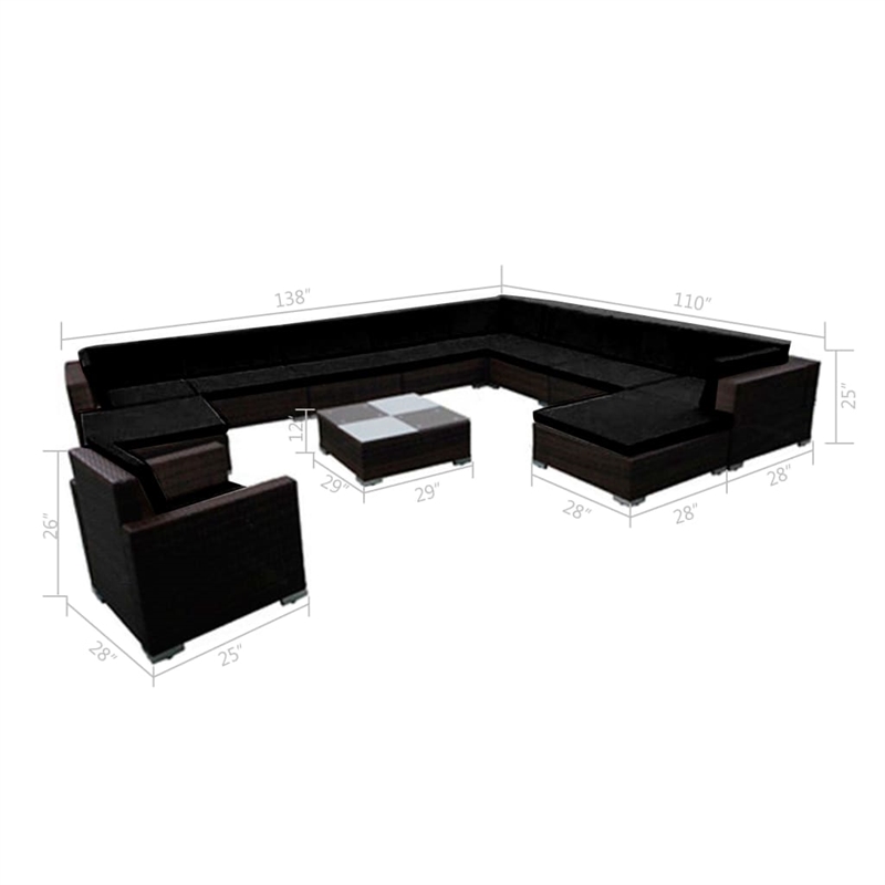 Afuera Living Contemporary 12 Piece Poly Rattan Lounge Set in Black