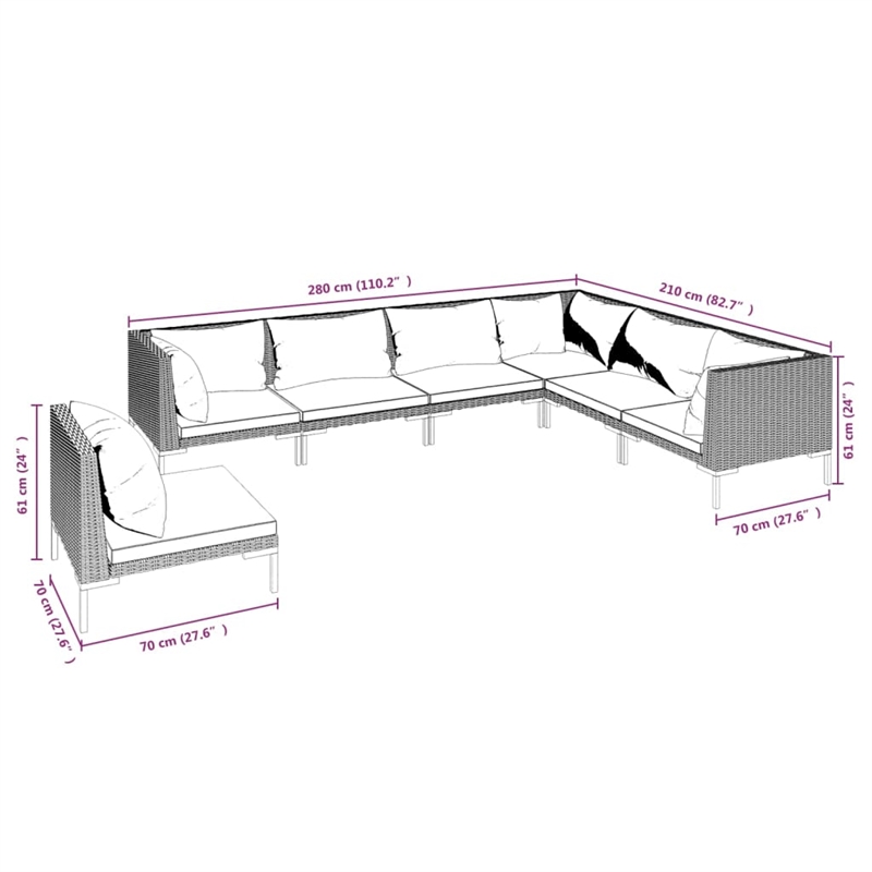 Afuera Living Contemporary 7 Piece Poly Rattan Garden Lounge Set in Gray