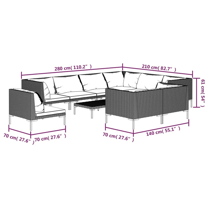 Afuera Living 10 Piece Poly Rattan Garden Lounge Set in Gray