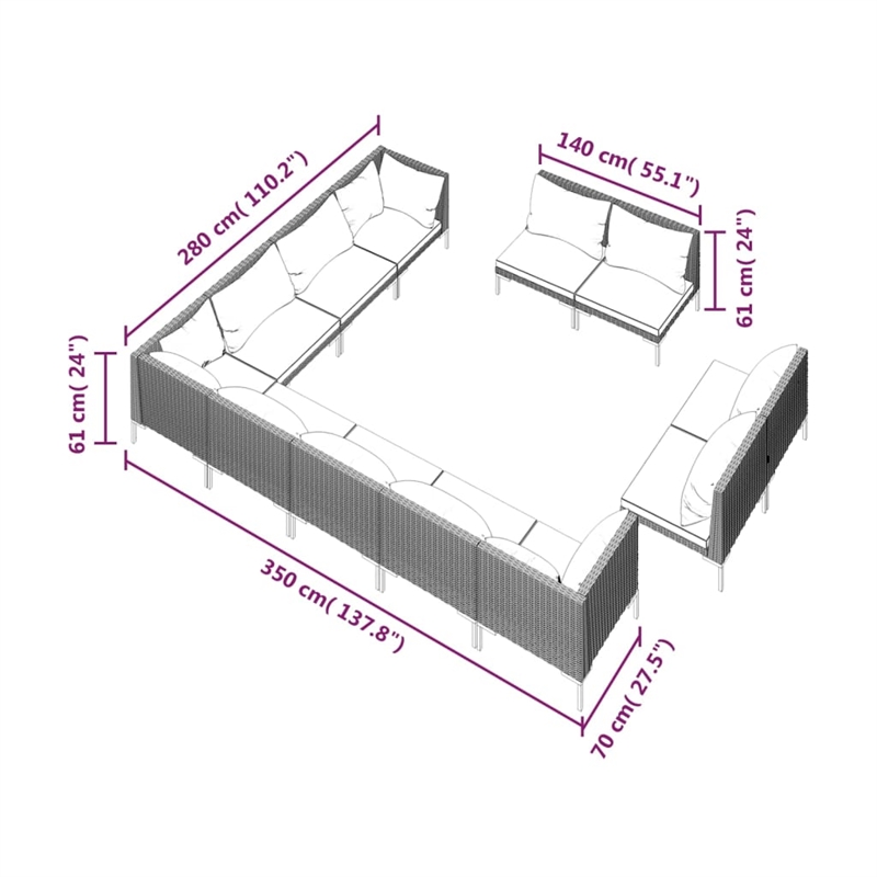 Afuera Living 12 Piece Poly Rattan Garden Lounge Set in Gray